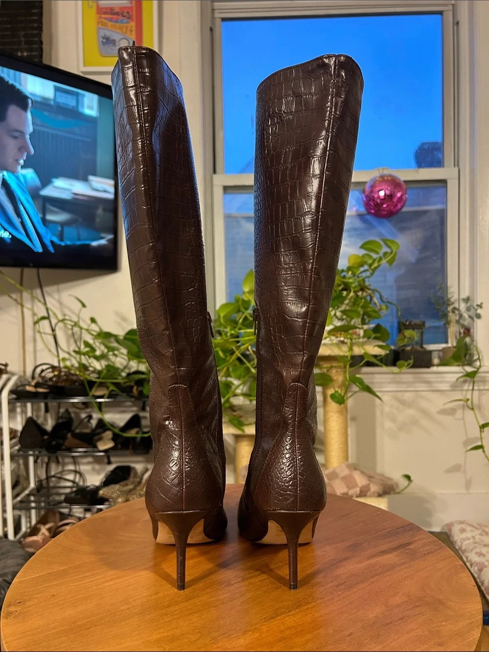 Brown Croc-Embossed Knee High Pointed-Toe Boots